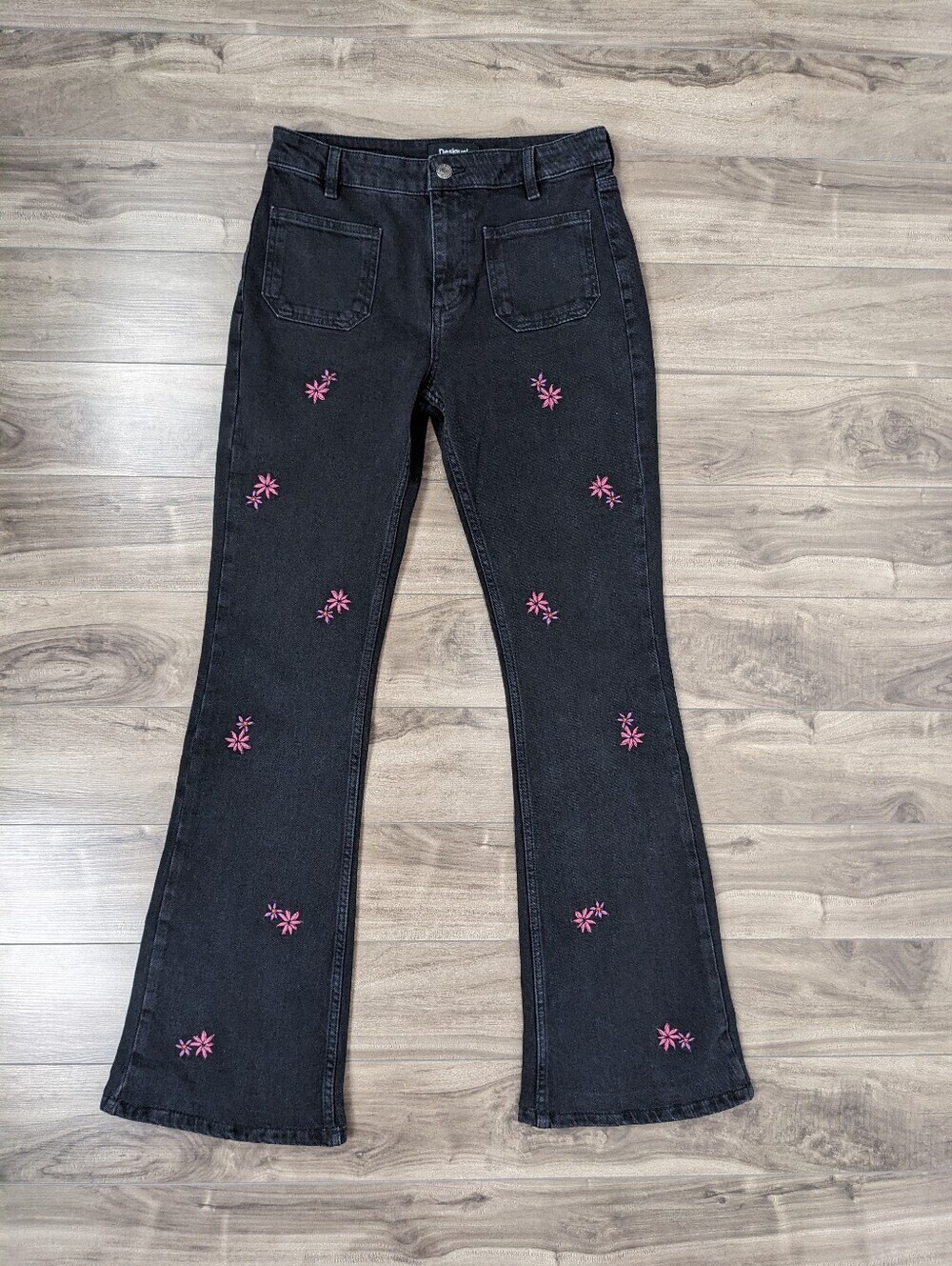 Desigual Women's Black Flare Embroidered Flare Jeans EU38 Floral